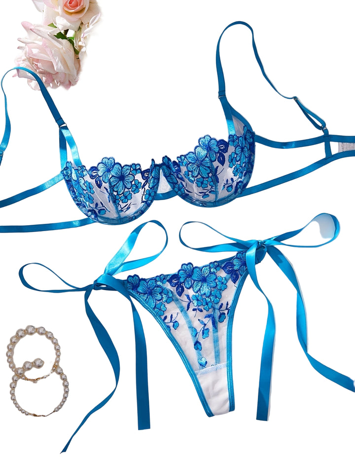 Aeloria - Flower Embroidered Tie-Up Lingerie Set