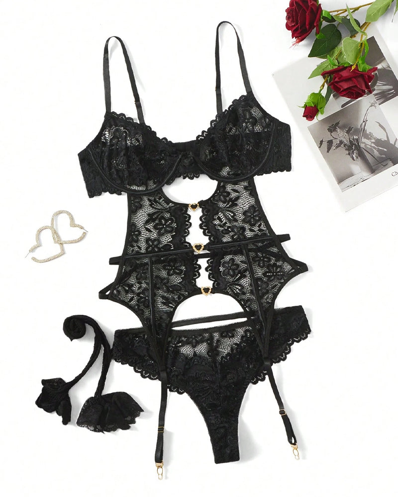 Melisandre – Floral Lace Mesh Bodysuit Set