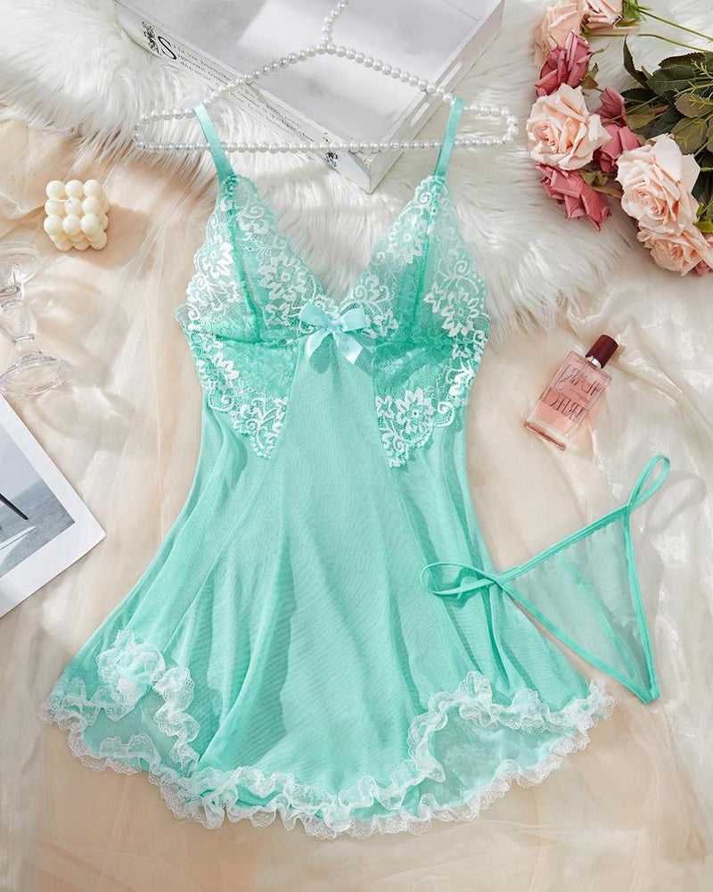 Ismeria – Contrast Lace Suspender Nightdress Set