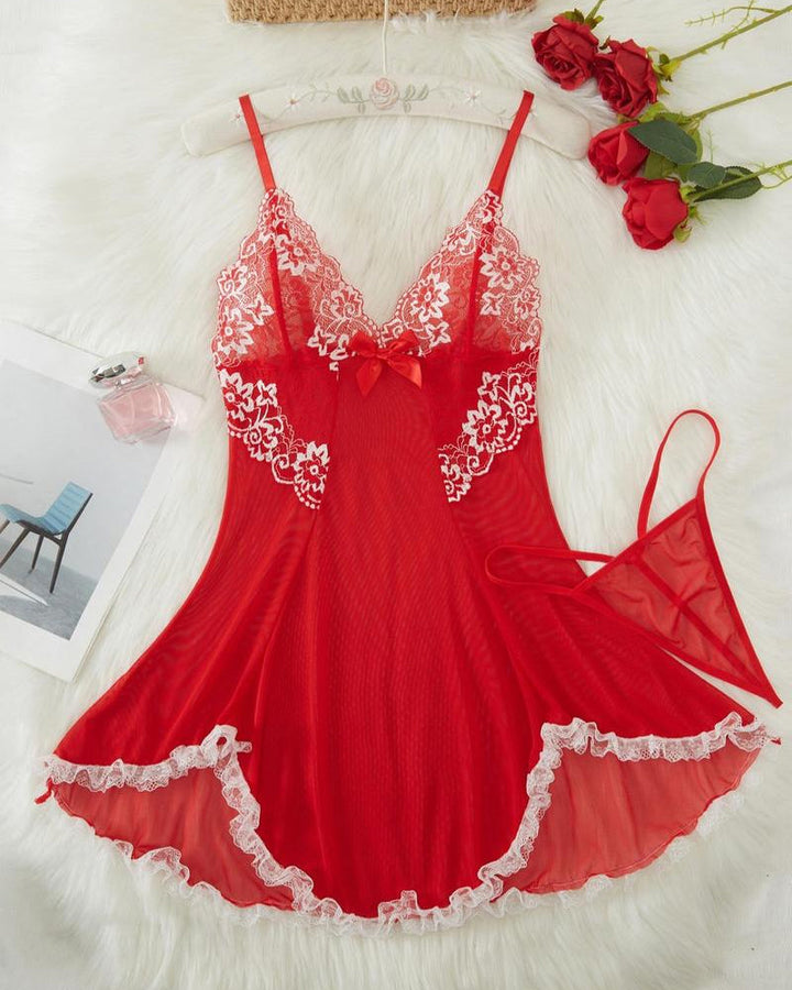 Ismeria – Contrast Lace Suspender Nightdress Set