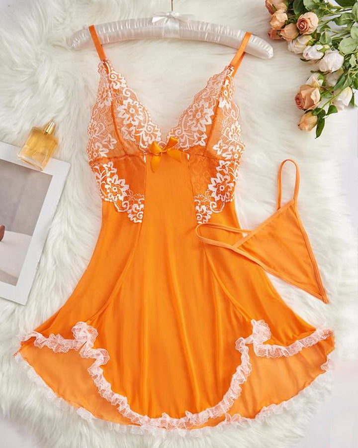 Ismeria – Contrast Lace Suspender Nightdress Set