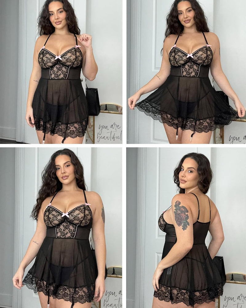 Avelisse – Lace Suspender Nightdress Set