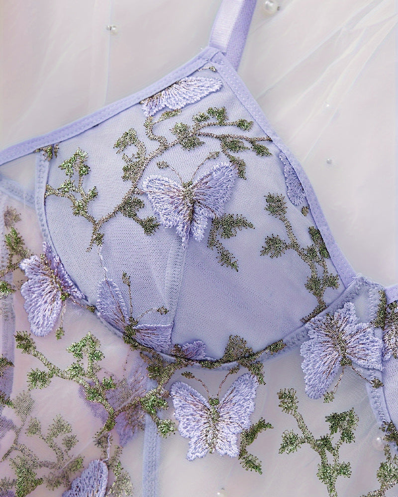 Serenya – Butterfly Embroidery Mesh Nightdress Set