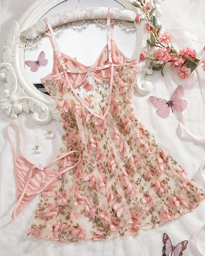 Serenya – Butterfly Embroidery Mesh Nightdress Set