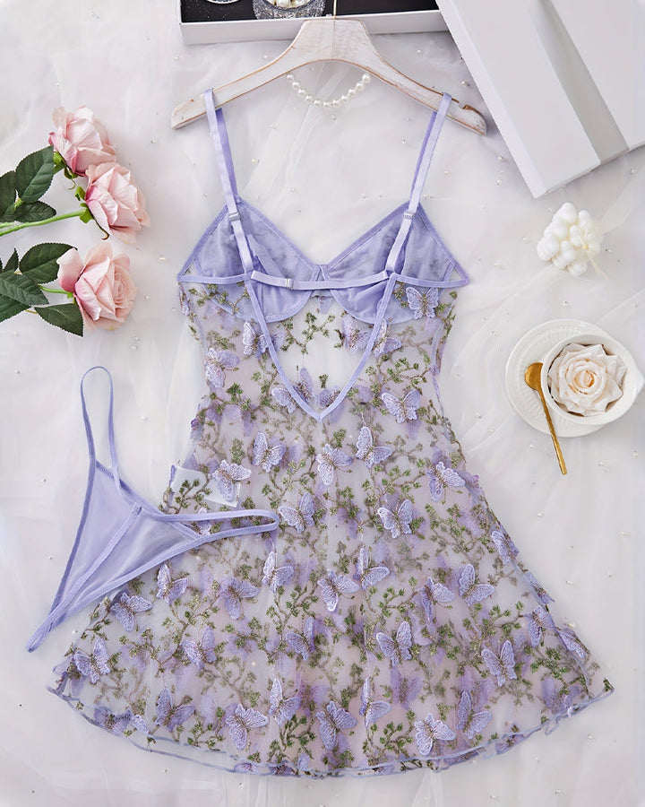 Serenya – Butterfly Embroidery Mesh Nightdress Set