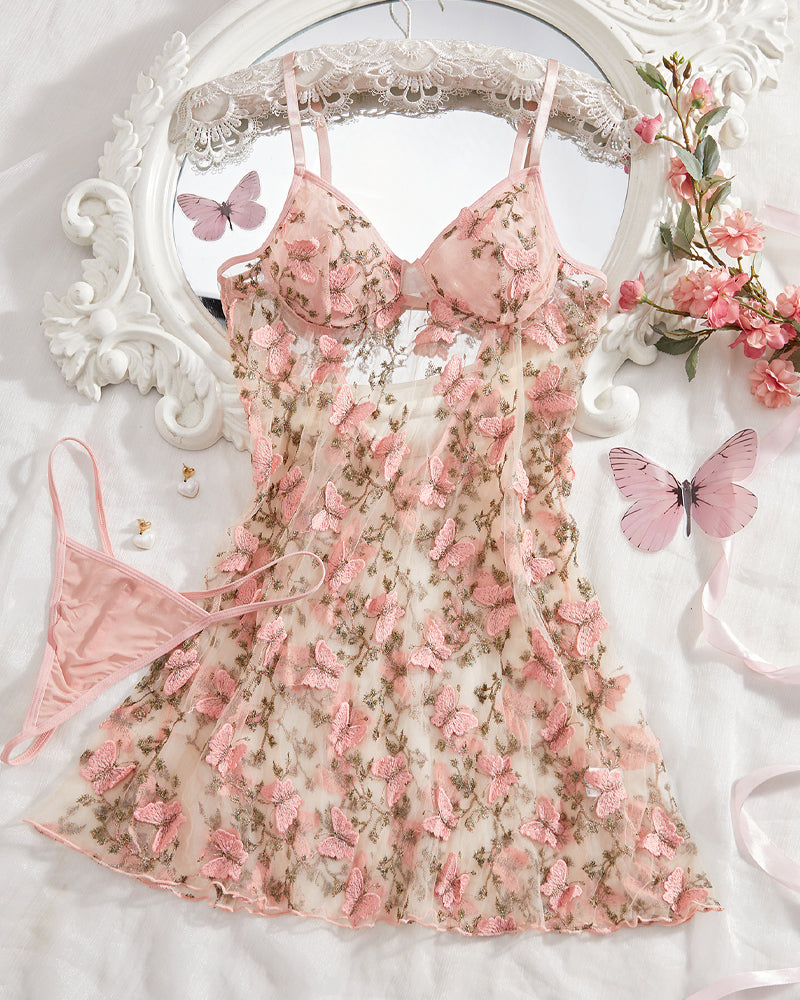 Serenya – Butterfly Embroidery Mesh Nightdress Set