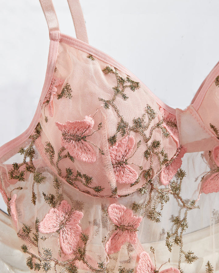 Serenya – Butterfly Embroidery Mesh Nightdress Set