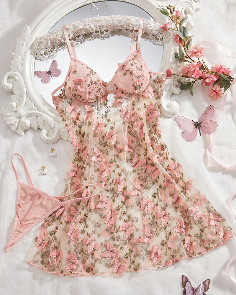 Serenya – Butterfly Embroidery Mesh Nightdress Set