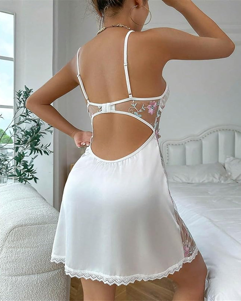Ceralyn – Floral Embroidered Satin Nightdress