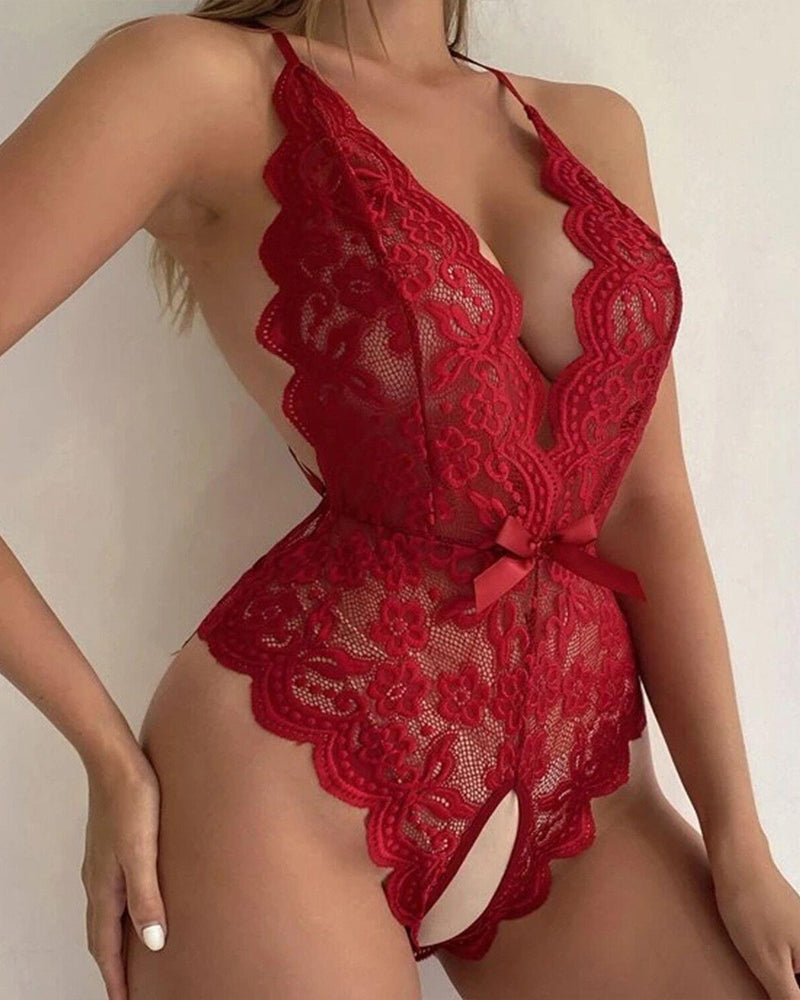 Coralyne – Cross-Back Floral Lace One-Piece Pajamas