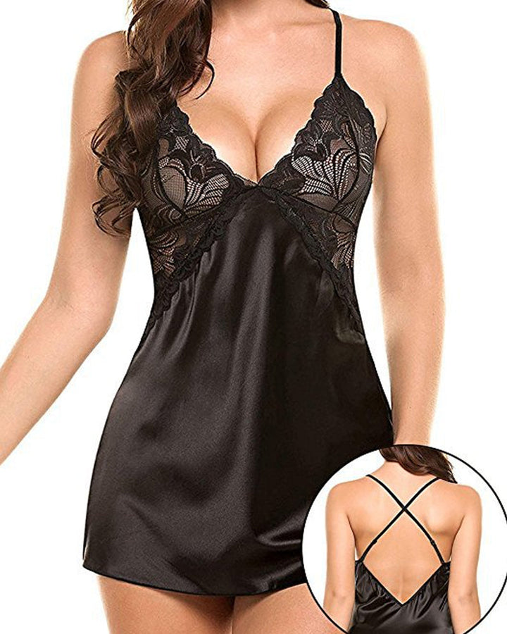 Zeralyne – Lace Satin V-Neck Nightdress Set