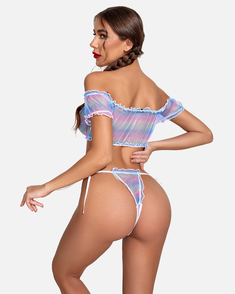 Evolet – Floral Mesh Ruffle Lingerie Set