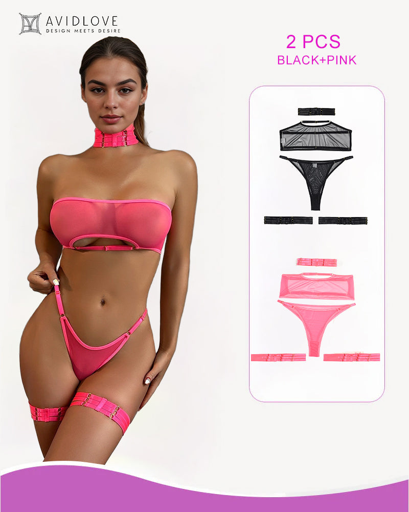 Marivienne – Four-Piece Sheer Mesh Lingerie Set