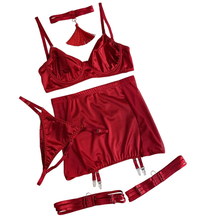 Valeria – Red Satin Skirt Lingerie Set