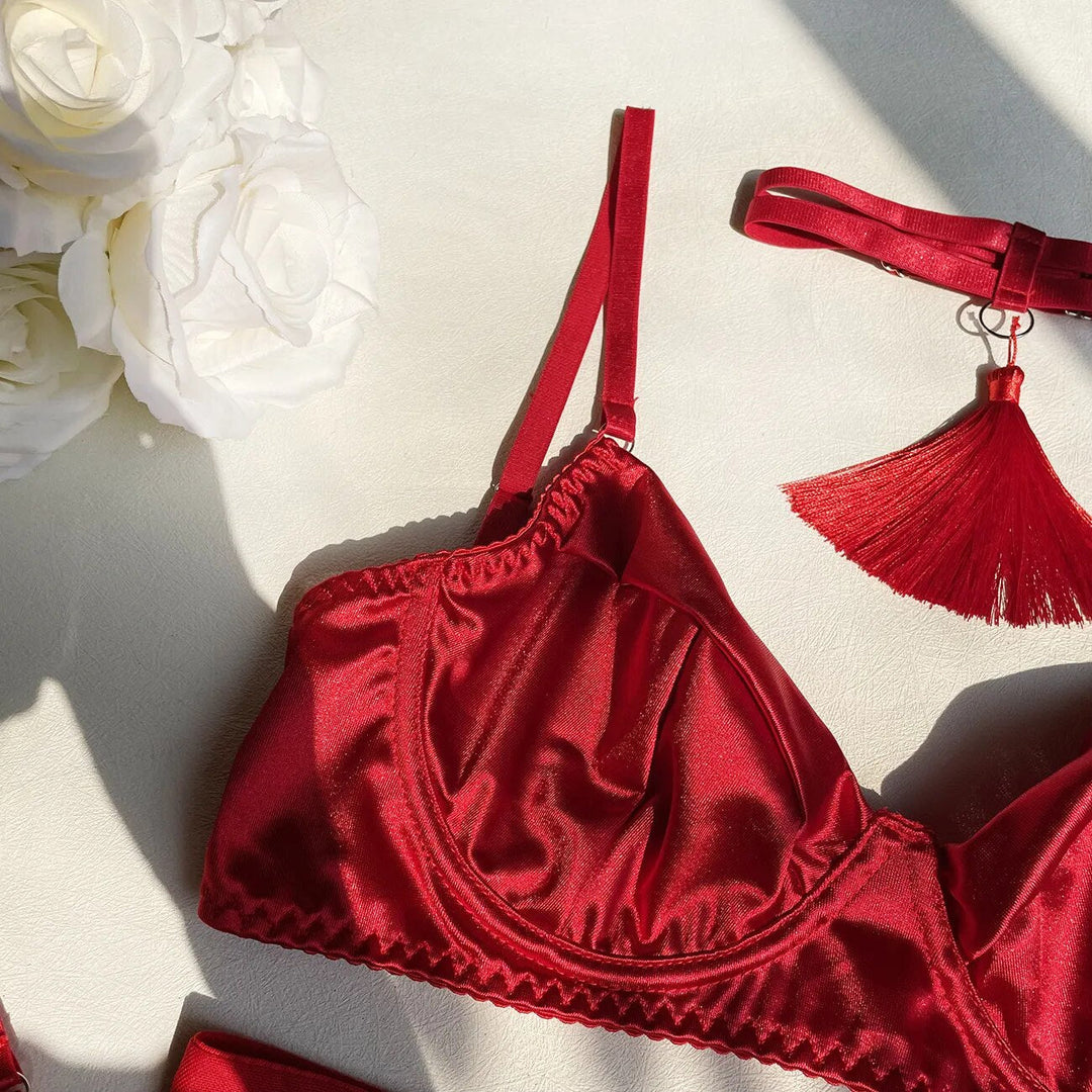 Valeria – Red Satin Skirt Lingerie Set