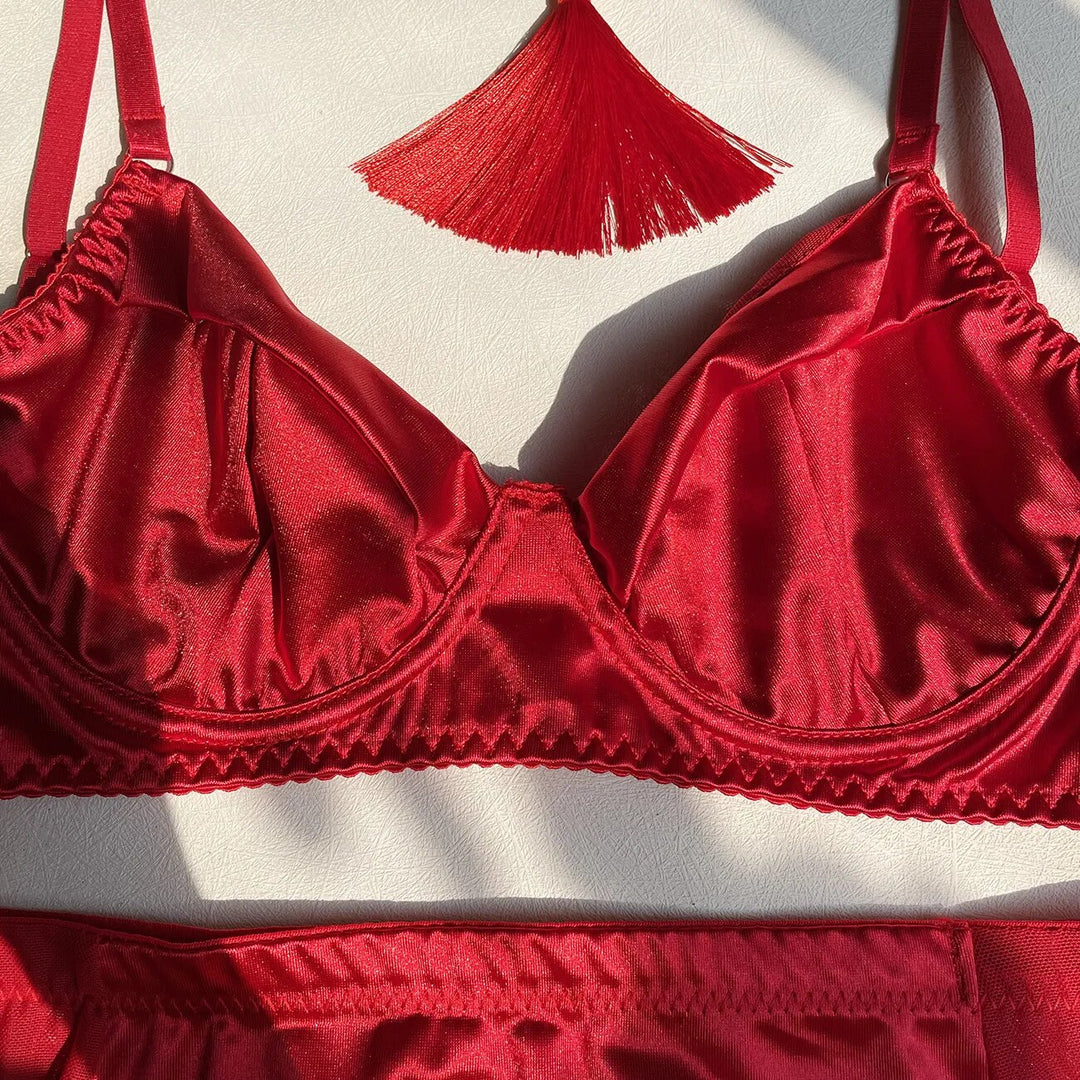 Valeria – Red Satin Skirt Lingerie Set