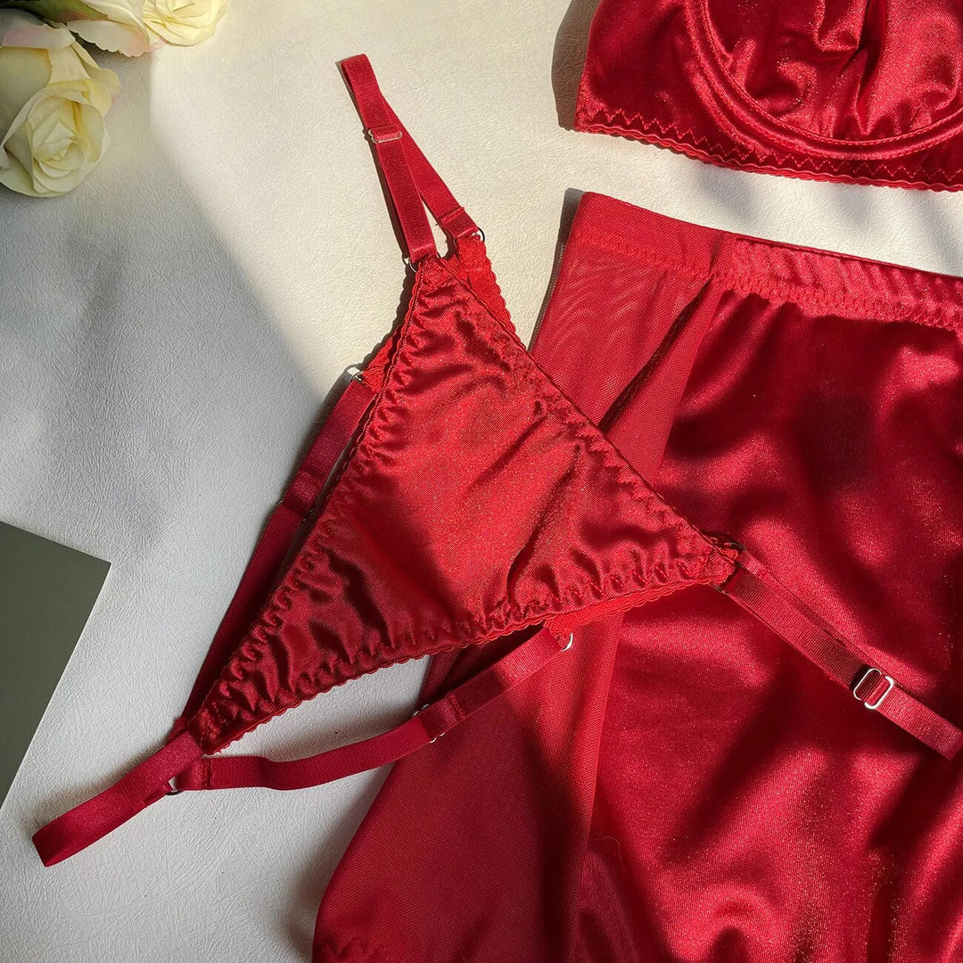Valeria – Red Satin Skirt Lingerie Set