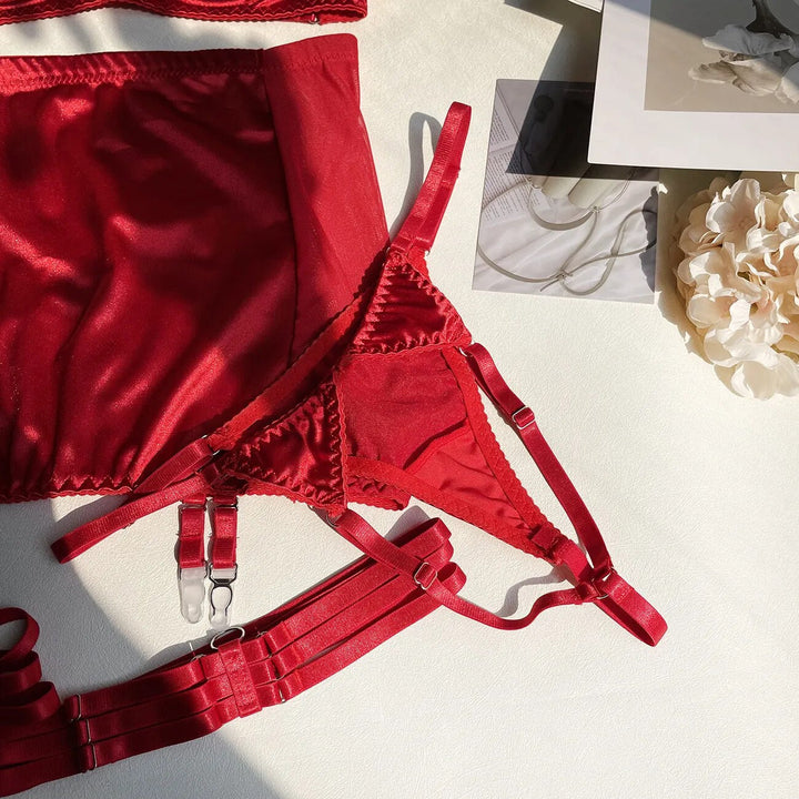 Valeria – Red Satin Skirt Lingerie Set