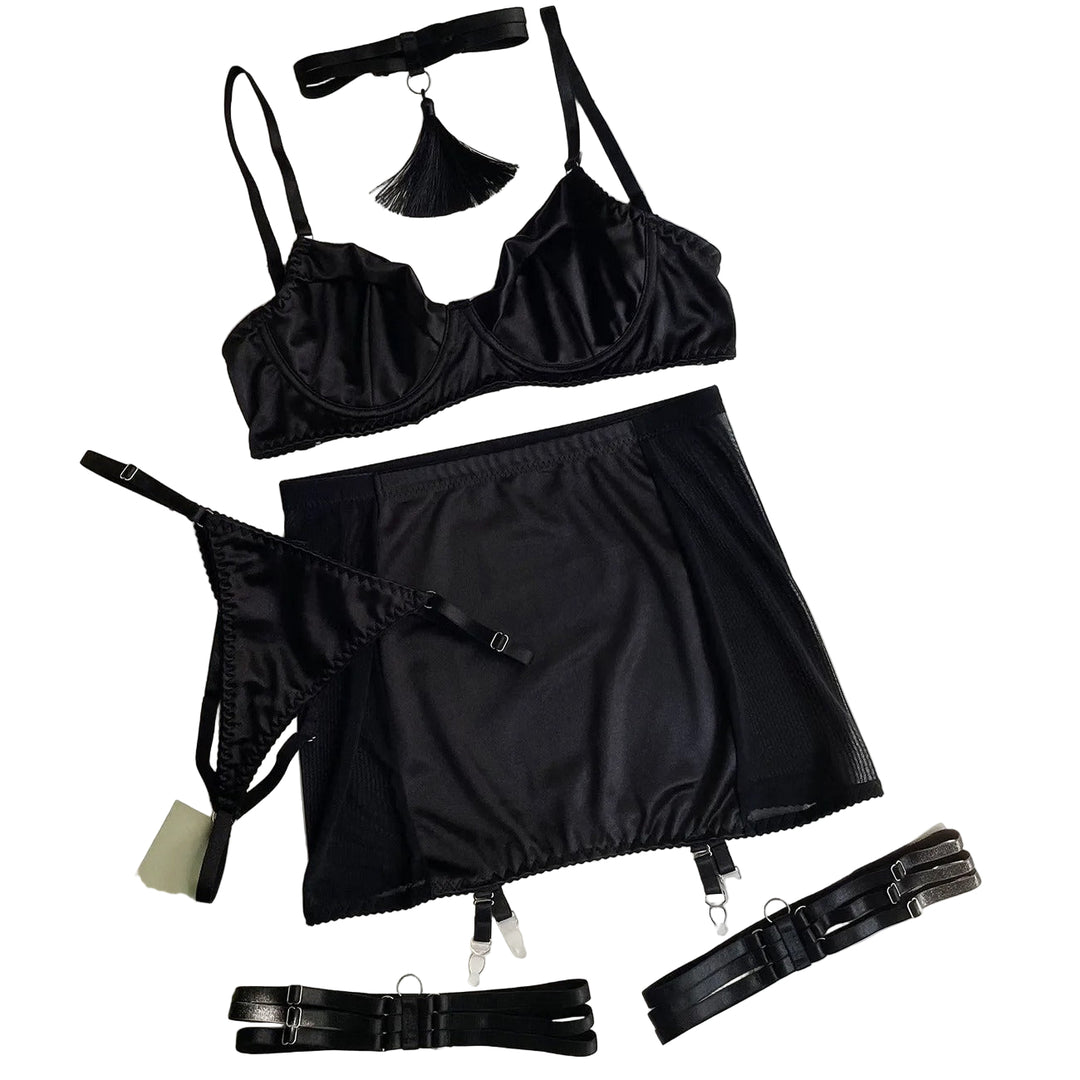 Dahlia – Black Satin Skirt Lingerie Set