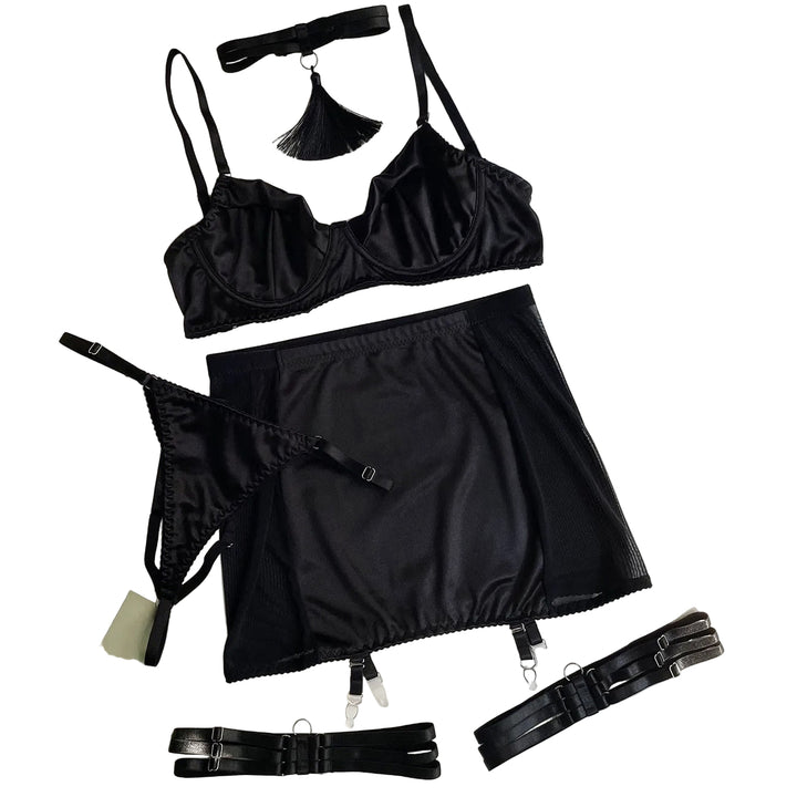 Dahlia – Black Satin Skirt Lingerie Set