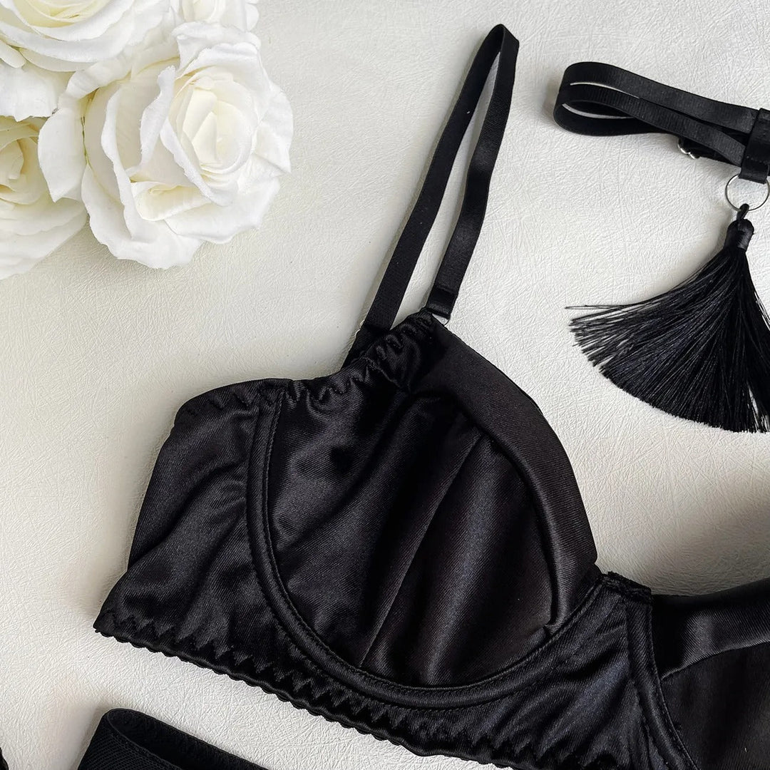 Dahlia – Black Satin Skirt Lingerie Set