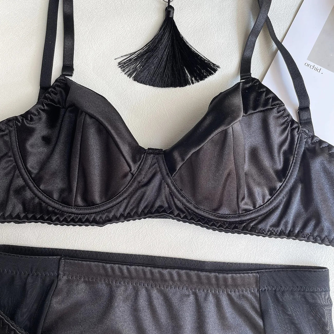 Dahlia – Black Satin Skirt Lingerie Set