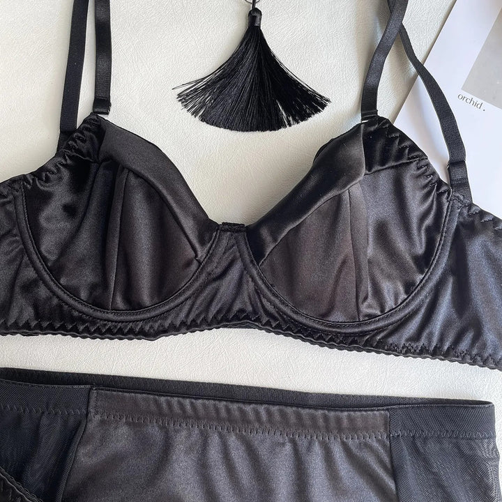 Dahlia – Black Satin Skirt Lingerie Set