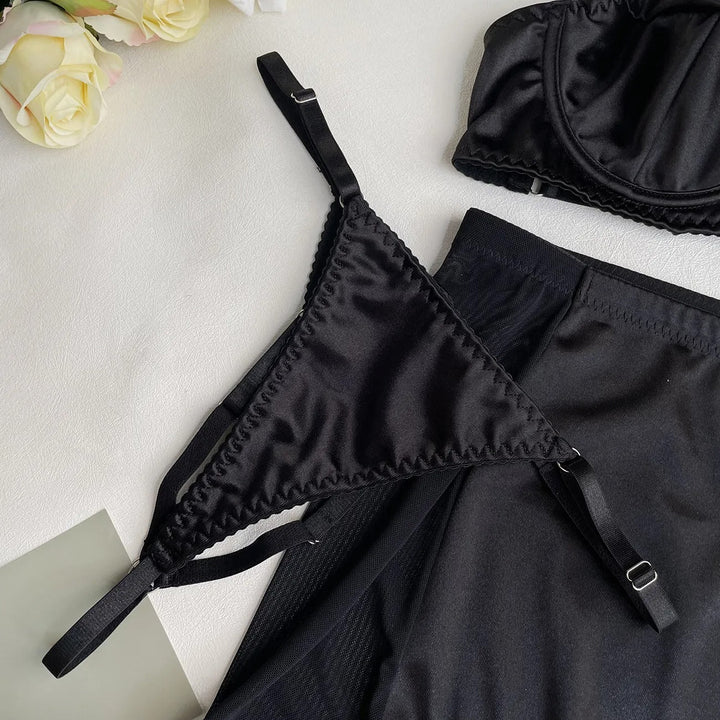 Dahlia – Black Satin Skirt Lingerie Set