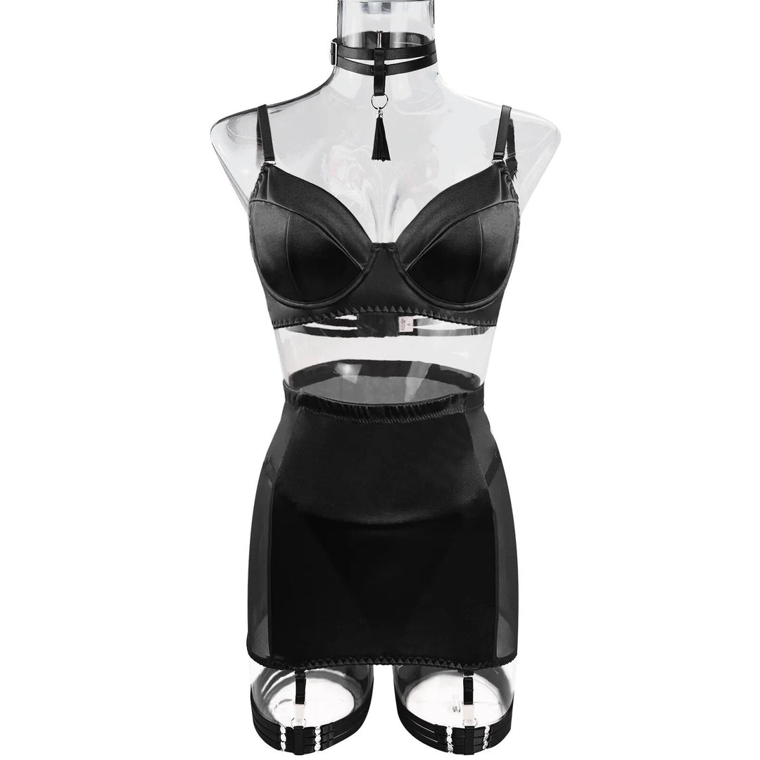 Dahlia – Black Satin Skirt Lingerie Set