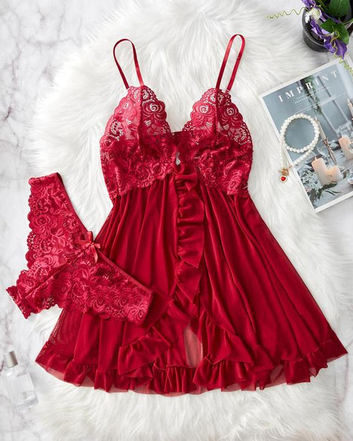 Sylvaira – Lace Ruffle Suspender Nightdress Set
