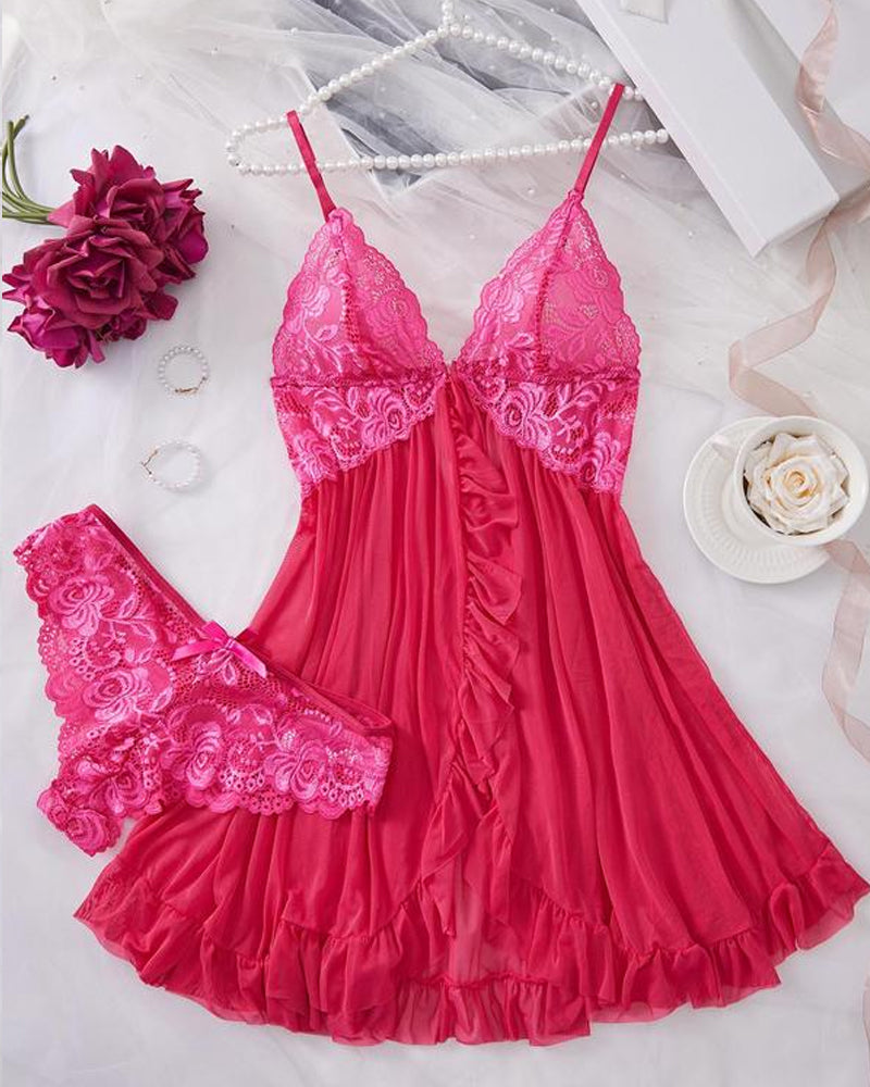 Sylvaira – Lace Ruffle Suspender Nightdress Set