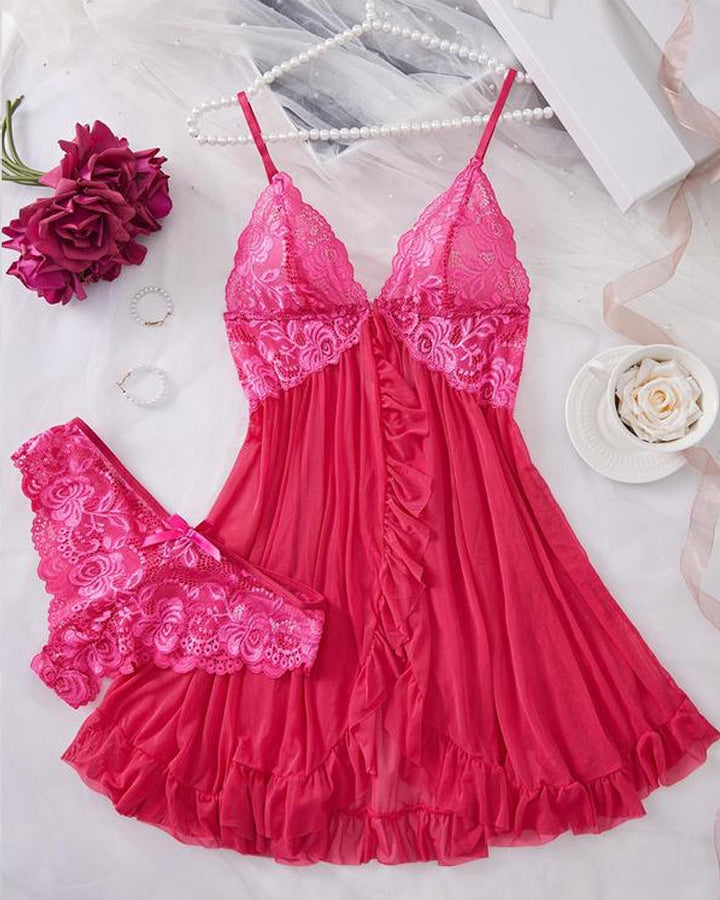 Sylvaira – Lace Ruffle Suspender Nightdress Set