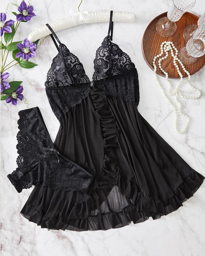 Sylvaira – Lace Ruffle Suspender Nightdress Set