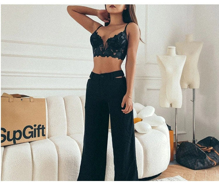 Camille – Black Lace Embroidered Set