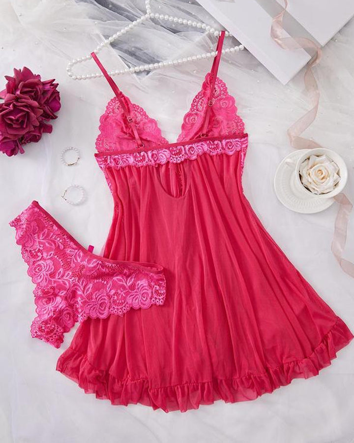 Sylvaira – Lace Ruffle Suspender Nightdress Set