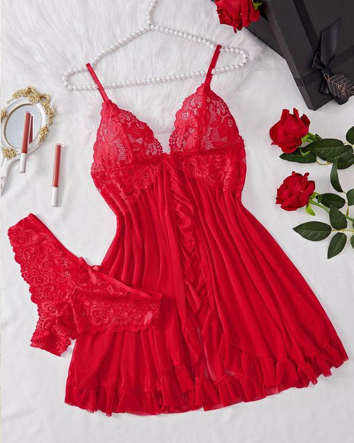 Sylvaira – Lace Ruffle Suspender Nightdress Set